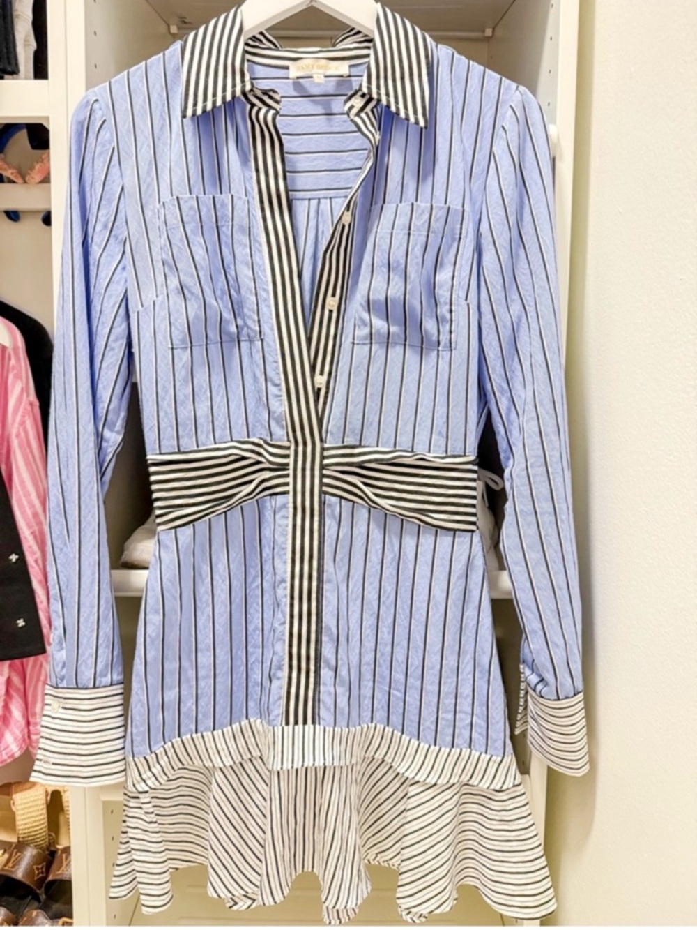 Ramy Brook Blue and Black Striped Shirt Dress